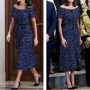 ZARA Tweed Dress Button Front Queen Letizia Navy Plaid Gem Size Medium
